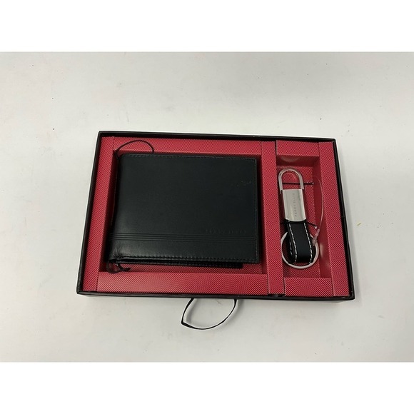 Perry Ellis Portfolio Black Leather Bi-Fold Mens Credit Card Wallet w/ Key Chain - Picture 2 of 3